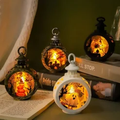 Vintage Halloween Decoration Lantern Electronic Candle Light Lighted Ghost Night Light, LED Light Up Pumpkin Light Ghost Festival Creative Decoration Props Hand-Held Small Oil Lamp 1pc