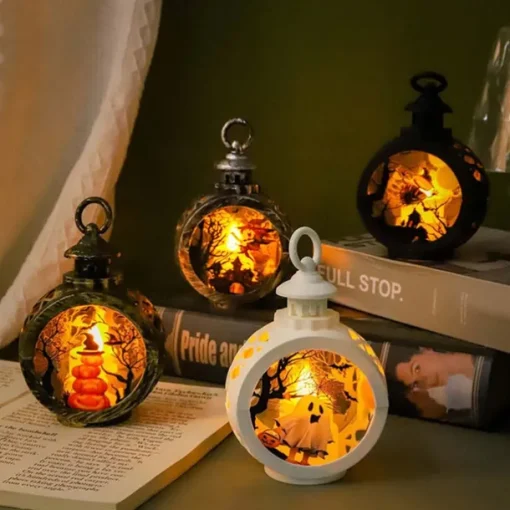 Vintage Halloween Decoration Lantern Electronic Candle Light Lighted Ghost Night Light, LED Light Up Pumpkin Light Ghost Festival Creative Decoration Props Hand-Held Small Oil Lamp 1pc