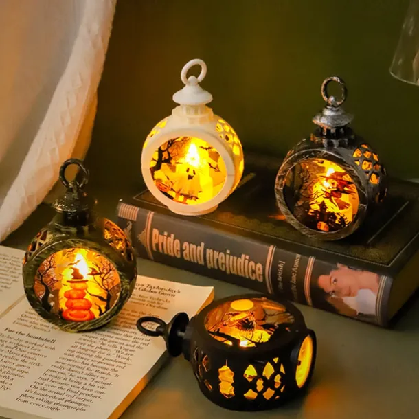 Vintage Halloween Decoration Lantern Electronic Candle Light Lighted Ghost Night Light, LED Light Up Pumpkin Light Ghost Festival Creative Decoration Props Hand-Held Small Oil Lamp 1pc