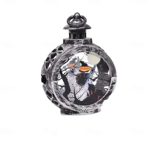 Vintage Halloween Decoration Lantern Electronic Candle Light Lighted Ghost Night Light, LED Light Up Pumpkin Light Ghost Festival Creative Decoration Props Hand-Held Small Oil Lamp 1pc