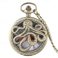 Vintage Pocket Watch with Chain Punk Black Octopus Pattern Creative Flap Retro Pocket Watch