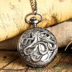 Vintage Pocket Watch with Chain Punk Black Octopus Pattern Creative Flap Retro Pocket Watch