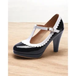 Vintage Red Patent Leather Mary Jane Heels with White Scallop Trim – Women's T-Strap Shoes for Cosplay, Retro Parties, and Special Occasions