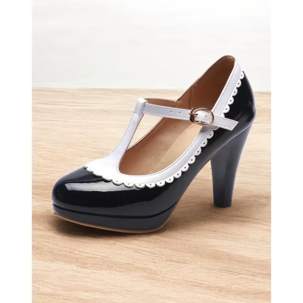 Vintage Red Patent Leather Mary Jane Heels with White Scallop Trim – Women's T-Strap Shoes for Cosplay, Retro Parties, and Special Occasions