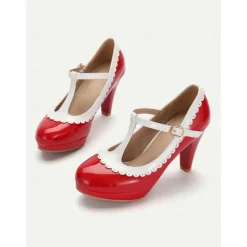Vintage Red Patent Leather Mary Jane Heels with White Scallop Trim – Women's T-Strap Shoes for Cosplay, Retro Parties, and Special Occasions