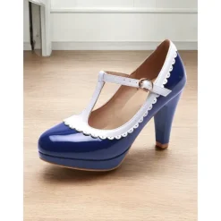 Vintage Red Patent Leather Mary Jane Heels with White Scallop Trim – Women's T-Strap Shoes for Cosplay, Retro Parties, and Special Occasions