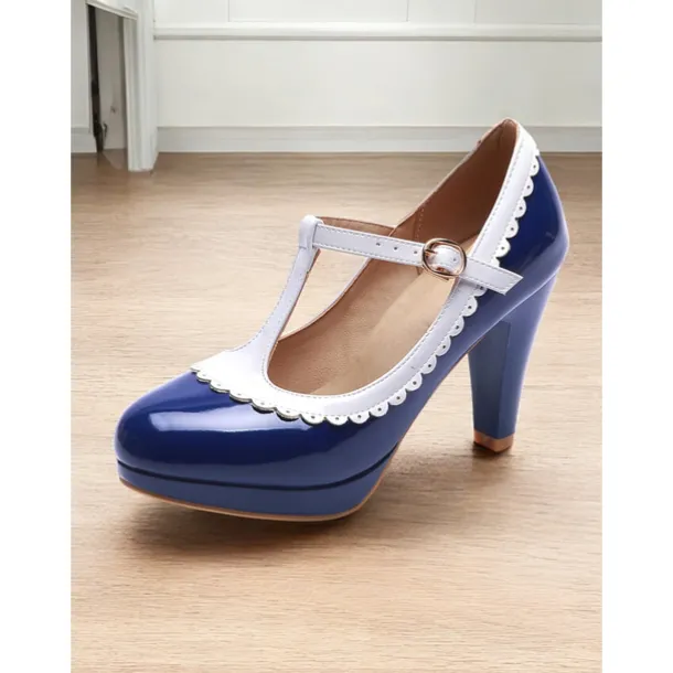 Vintage Red Patent Leather Mary Jane Heels with White Scallop Trim – Women's T-Strap Shoes for Cosplay, Retro Parties, and Special Occasions