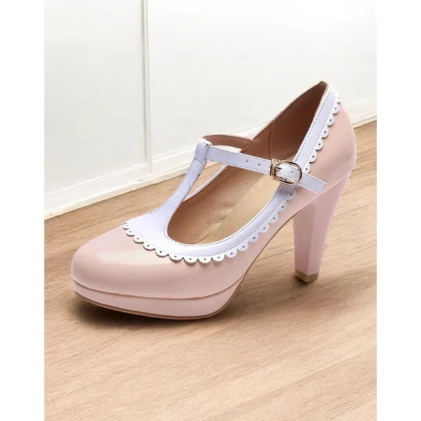 Vintage Red Patent Leather Mary Jane Heels with White Scallop Trim – Women's T-Strap Shoes for Cosplay, Retro Parties, and Special Occasions