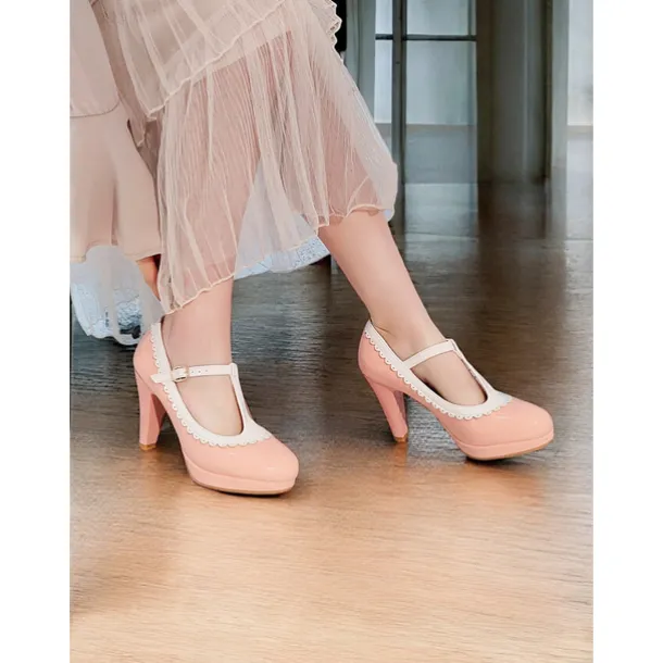 Vintage Red Patent Leather Mary Jane Heels with White Scallop Trim – Women's T-Strap Shoes for Cosplay, Retro Parties, and Special Occasions