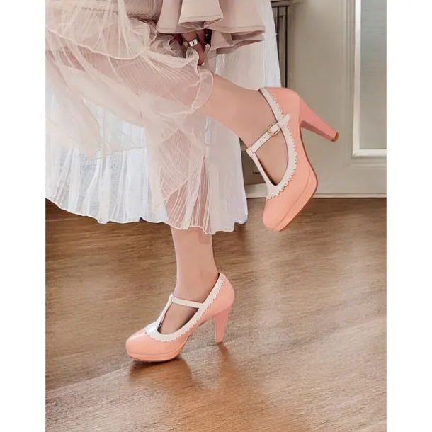 Vintage Red Patent Leather Mary Jane Heels with White Scallop Trim – Women's T-Strap Shoes for Cosplay, Retro Parties, and Special Occasions