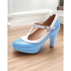 Vintage Red Patent Leather Mary Jane Heels with White Scallop Trim – Women's T-Strap Shoes for Cosplay, Retro Parties, and Special Occasions