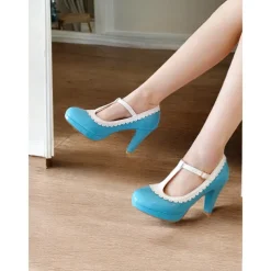 Vintage Red Patent Leather Mary Jane Heels with White Scallop Trim – Women's T-Strap Shoes for Cosplay, Retro Parties, and Special Occasions