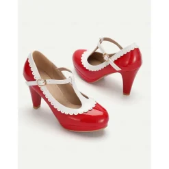 Vintage Red Patent Leather Mary Jane Heels with White Scallop Trim – Women's T-Strap Shoes for Cosplay, Retro Parties, and Special Occasions
