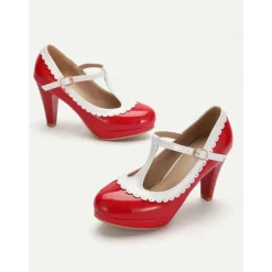 Vintage Red Patent Leather Mary Jane Heels with White Scallop Trim – Women's T-Strap Shoes for Cosplay, Retro Parties, and Special Occasions