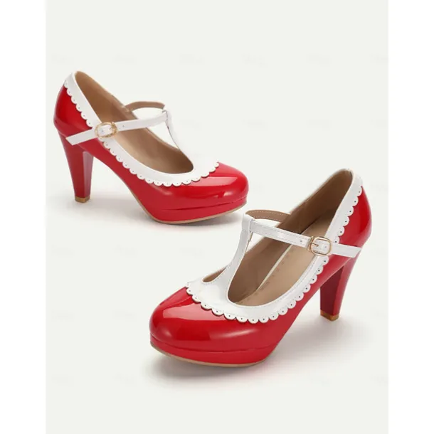 Vintage Red Patent Leather Mary Jane Heels with White Scallop Trim – Women's T-Strap Shoes for Cosplay, Retro Parties, and Special Occasions