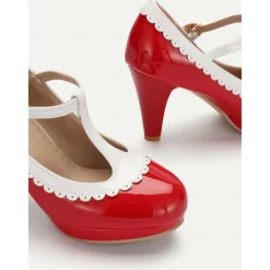 Vintage Red Patent Leather Mary Jane Heels with White Scallop Trim – Women's T-Strap Shoes for Cosplay, Retro Parties, and Special Occasions