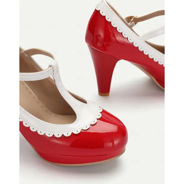 Vintage Red Patent Leather Mary Jane Heels with White Scallop Trim – Women's T-Strap Shoes for Cosplay, Retro Parties, and Special Occasions