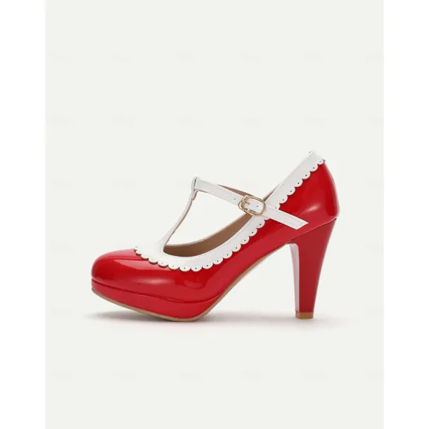 Vintage Red Patent Leather Mary Jane Heels with White Scallop Trim – Women's T-Strap Shoes for Cosplay, Retro Parties, and Special Occasions
