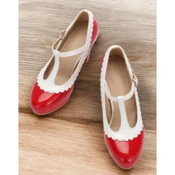 Vintage Red Patent Leather Mary Jane Heels with White Scallop Trim – Women's T-Strap Shoes for Cosplay, Retro Parties, and Special Occasions