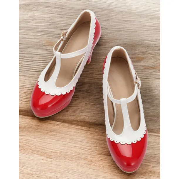 Vintage Red Patent Leather Mary Jane Heels with White Scallop Trim – Women's T-Strap Shoes for Cosplay, Retro Parties, and Special Occasions
