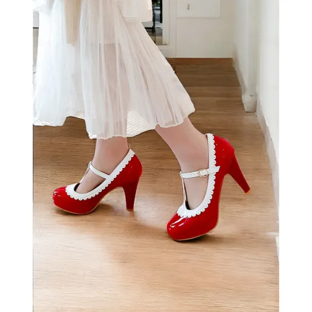 Vintage Red Patent Leather Mary Jane Heels with White Scallop Trim – Women's T-Strap Shoes for Cosplay, Retro Parties, and Special Occasions