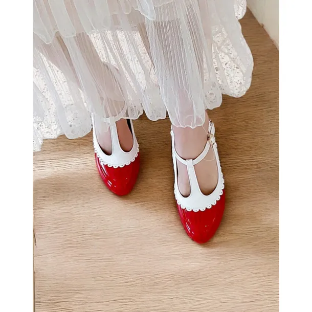 Vintage Red Patent Leather Mary Jane Heels with White Scallop Trim – Women's T-Strap Shoes for Cosplay, Retro Parties, and Special Occasions