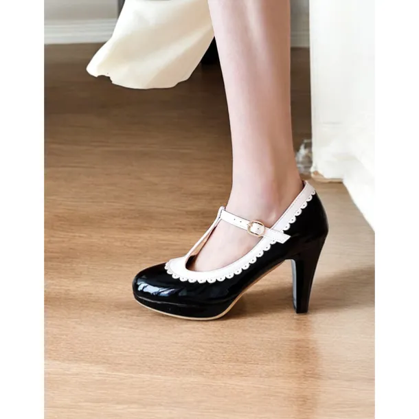 Vintage Red Patent Leather Mary Jane Heels with White Scallop Trim – Women's T-Strap Shoes for Cosplay, Retro Parties, and Special Occasions