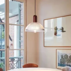 Vintage Semicircular Strpe Glass Pendant Light with Wood Decor for Kitchen Island with E26 Socket Bar Counter Ajustable Height Suspension Lamp for Bedroom Reataurant Loft Cafe Reading