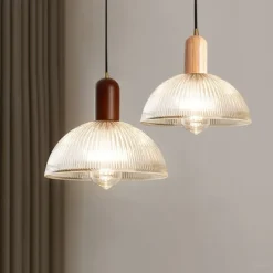 Vintage Semicircular Strpe Glass Pendant Light with Wood Decor for Kitchen Island with E26 Socket Bar Counter Ajustable Height Suspension Lamp for Bedroom Reataurant Loft Cafe Reading