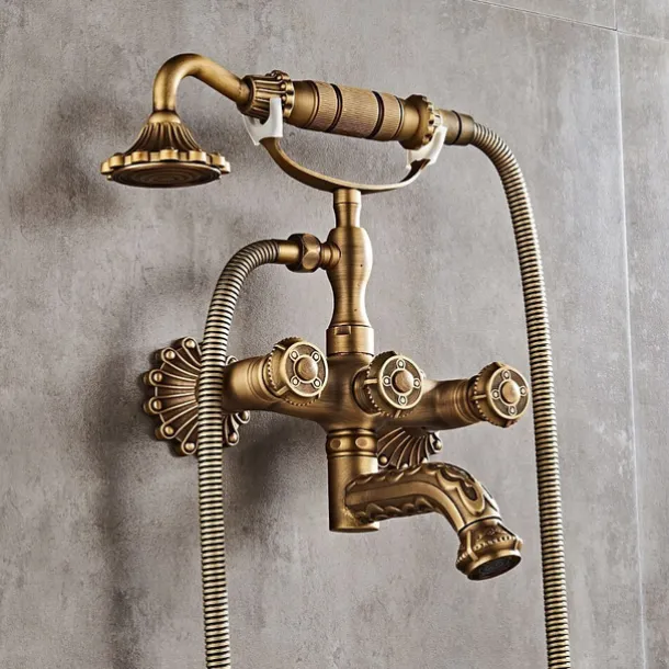 Vintage Shower System Faucet Set Wall Mounted, 360 Swivel Antique Brass Bathroom Shower Head Facuet Kit with Handheld Shower Head Sprayer Ceramic Valve Bath Mixer Tap