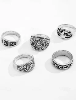 Vintage Style Men's Silver Alloy Ring Set with Geometric and Engraved Patterns – Retro Fashion Accessories for Everyday Wear