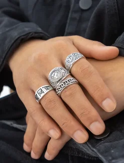 Vintage Style Men's Silver Alloy Ring Set with Geometric and Engraved Patterns – Retro Fashion Accessories for Everyday Wear