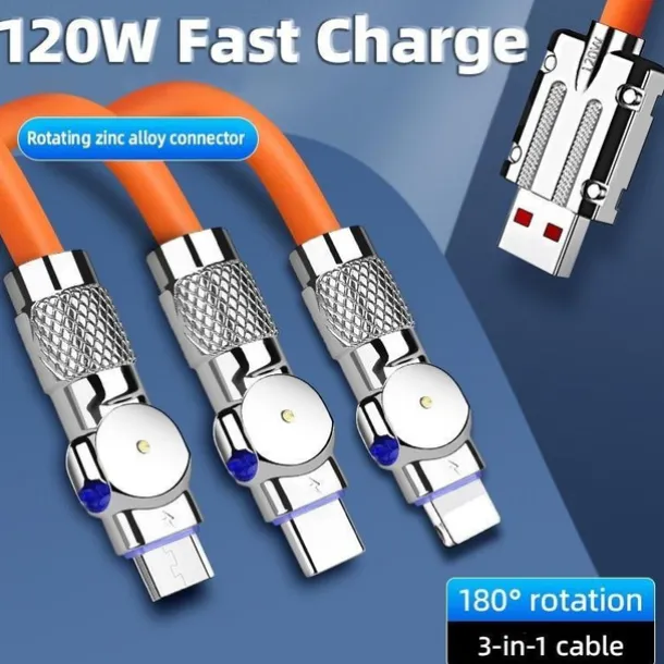 120W 3 in 1 Super Fast Charging Cable Micro USB Type c Gaming180° Rotating Data Cable For Huawei Smart Phone Silicone Cable