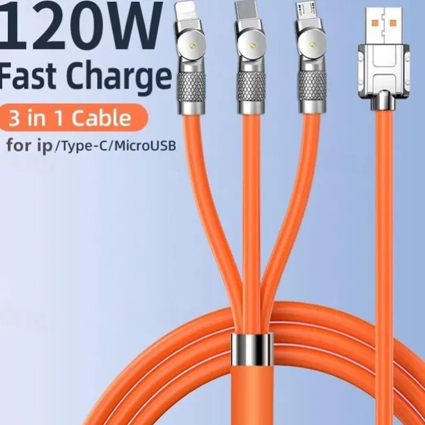 120W 3 in 1 Super Fast Charging Cable Micro USB Type c Gaming180° Rotating Data Cable For Huawei Smart Phone Silicone Cable