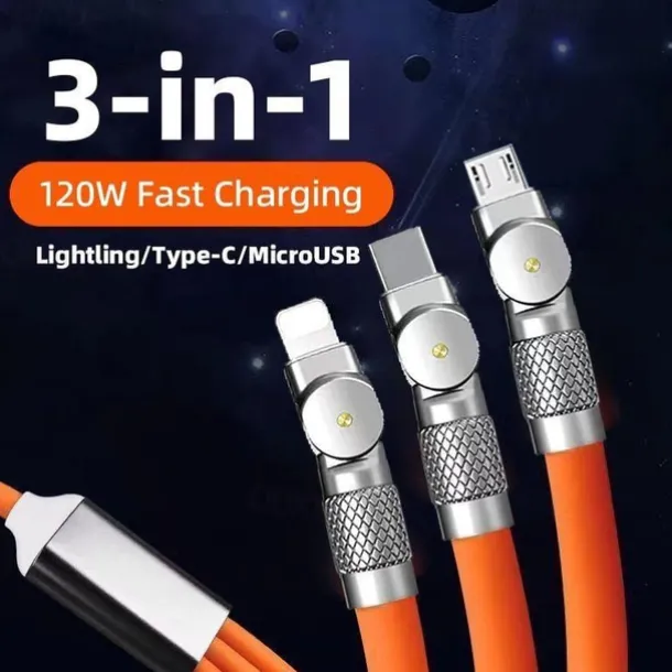 120W 3 in 1 Super Fast Charging Cable Micro USB Type c Gaming180° Rotating Data Cable For Huawei Smart Phone Silicone Cable