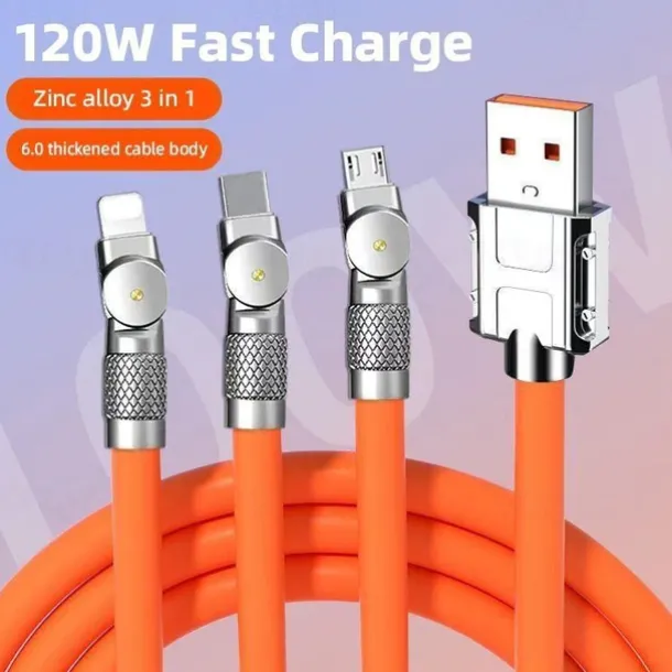 120W 3 in 1 Super Fast Charging Cable Micro USB Type c Gaming180° Rotating Data Cable For Huawei Smart Phone Silicone Cable
