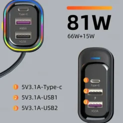 81W Car Charger Adapter 6 in 1 Back Row with Clips Fast Charging Type C Slot Universal 81W Super Fast Car Charging