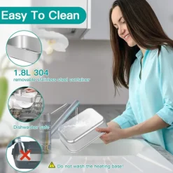 75W Electric Heated Lunch Box 1.8L Food Heater/Warmer Portable Heated Lunch Boxes Leak Proof Removable 304 Stainless Steel Container