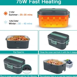 75W Electric Heated Lunch Box 1.8L Food Heater/Warmer Portable Heated Lunch Boxes Leak Proof Removable 304 Stainless Steel Container