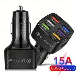 75W Fast Charging 6-Ports QC3.0 & 5 USB 15A Car Charger Adapter Fast Charging Portable Phone Adapter For Android Charger