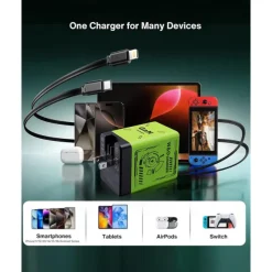 45W GaN Charger Fast Charging,Retractable Phone Charger Wall Plug with Lightening and Type-C Cables, for Phone, Android and More