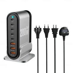 200W GaN Gallium Nitride PD Charger 5C3A Aluminum Alloy Desktop Stand Adapter 200W Multi-function Charger