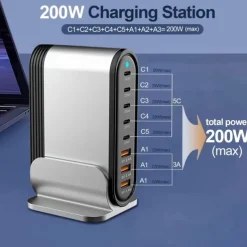 200W GaN Gallium Nitride PD Charger 5C3A Aluminum Alloy Desktop Stand Adapter 200W Multi-function Charger