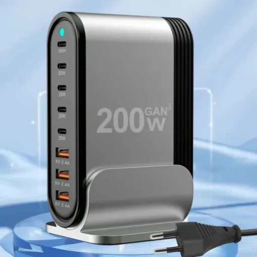 200W GaN Gallium Nitride PD Charger 5C3A Aluminum Alloy Desktop Stand Adapter 200W Multi-function Charger