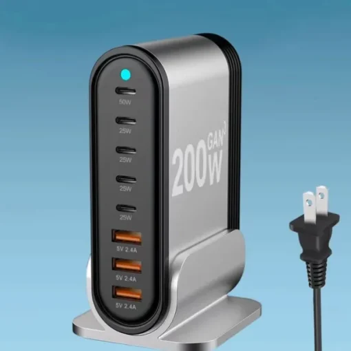 200W GaN Gallium Nitride PD Charger 5C3A Aluminum Alloy Desktop Stand Adapter 200W Multi-function Charger