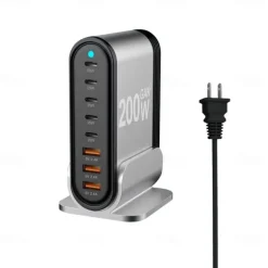 200W GaN Gallium Nitride PD Charger 5C3A Aluminum Alloy Desktop Stand Adapter 200W Multi-function Charger