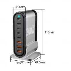200W GaN Gallium Nitride PD Charger 5C3A Aluminum Alloy Desktop Stand Adapter 200W Multi-function Charger