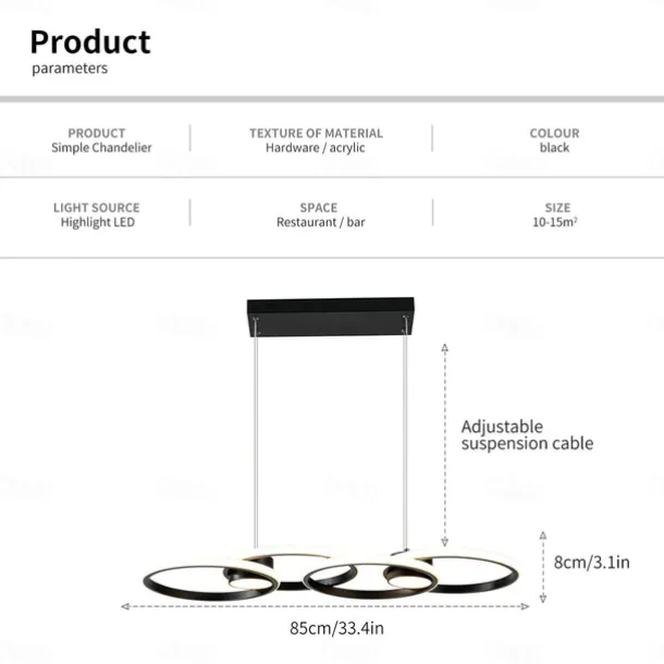 80W LED Ceiling Light Four Circle Adjustable Height Led Modern Restaurant Ceiling Light Gold and Black Suitable for Dining Room and Bedroom AC110V AC220V