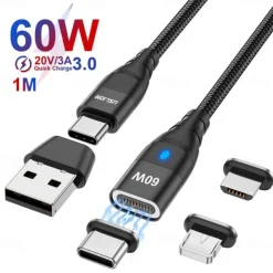 60W PD Fast Charger Cable USB C to Type C Micro Magnetic Data Cable 3A USB Cable for iPhone 13 Macbook Huawei Samsung