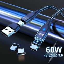 60W PD Fast Charger Cable USB C to Type C Micro Magnetic Data Cable 3A USB Cable for iPhone 13 Macbook Huawei Samsung